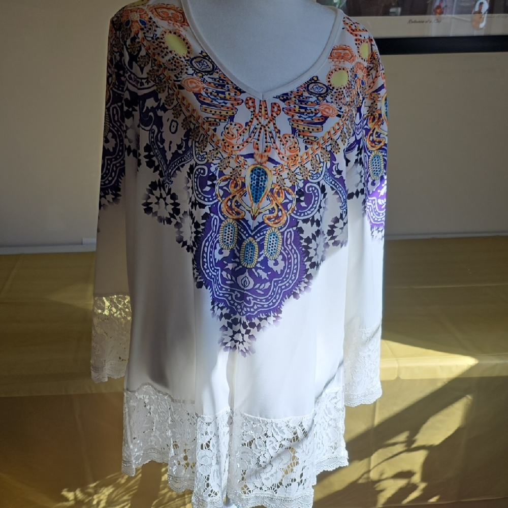 Elegant White and Purple Women's Top Worn Once
